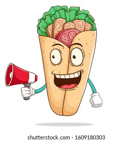 Burrito cartoon character holding megaphone with funny smile face