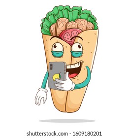 Burrito cartoon character holding a smartphone and do selfie with funny expression