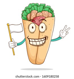Burrito cartoon character holding a white flag with peace hand sign and funny smile face