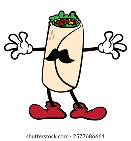 Burrito cartoon characters with mustache, greeting customers. Best for icon, logo, sticker, and mascot for Mexican food Restaurant