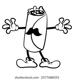 Burrito cartoon characters with mustache, greeting customers. Best for outline, icon, logo, sticker, and coloring book for with Mexican traditional food for kids