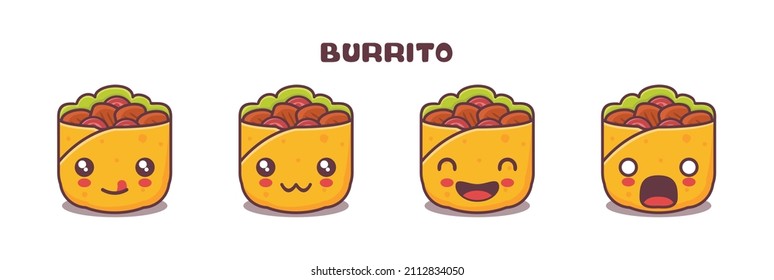 burrito cartoon illustration, with different facial expressions. suitable for icons, logos, prints, stickers, etc.