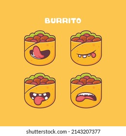 Burrito cartoon. mexican food vector illustration. with different mouth expressions. cute cartoon