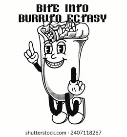 Burrito Character Design With Slogan Bite into burrito ectasy