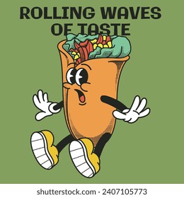 Burrito Character Design With Slogan rolling waves of taste