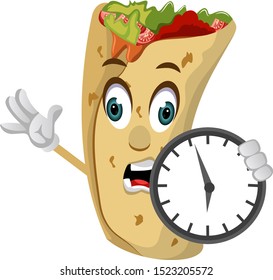 Burrito with clock, illustration, vector on white background.