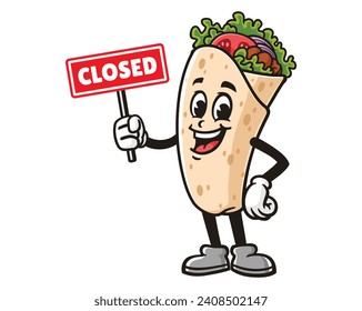 Burrito with closed sign board cartoon mascot illustration character vector clip art hand drawn