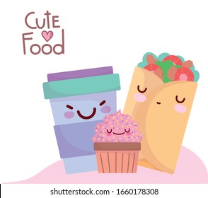 burrito cupcake smoothie cup menu character cartoon food cute vector illustration