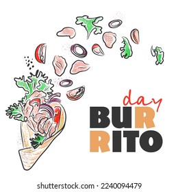 Burrito day, delicious burrito and healthy food, lettering, watercolor, food illustration, doodle