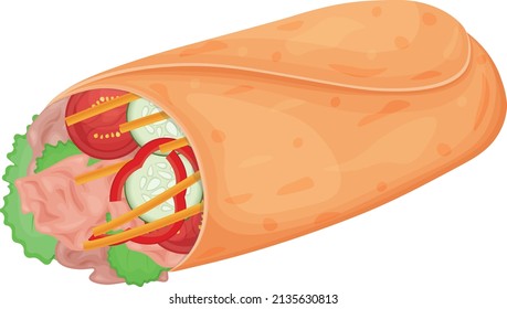 Burrito. A dish of Mexican cuisine. Mexican burrito. Delicious shawarma. Vector illustration isolated on a white background