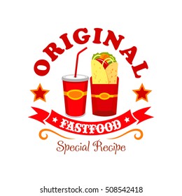 Burrito Fast Food Emblem. Mexican Bread Wrap Snack With Meat And Vegetables Filling. Soda Coke Drink, Burrito Tortilla Label Ribbon For Fast Food Restaurant Menu Card, Signboard Sticker Design