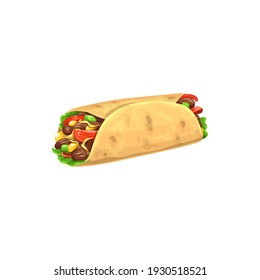 Burrito, fast food menu snack, doner, shawarma icon, vector snack sandwich. Fastfood restaurant, street food delivery and takeaway meals, Mexican burrito roll, gyros or shawarma doner sandwich