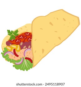 Burrito. Comida rápida. Objeto aislado. Icono de diseño plano. Vector Illustrator