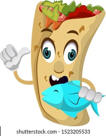 Burrito with fish, illustration, vector on white background.