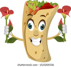 Burrito with flowers, illustration, vector on white background.
