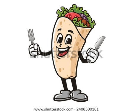 Burrito with fork and knife cartoon mascot illustration character vector clip art hand drawn