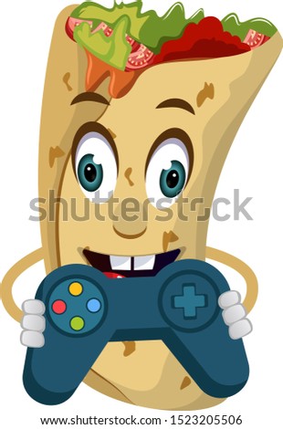 Burrito with gamepad, illustration, vector on white background.