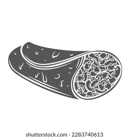 Burrito glyph icon vector illustration. Stamp of Mexican sandwich with shredded chicken meat and spicy sauce, vegetables and cheese in tortilla wrap, burrito from fast food restaurant menu in Mexico