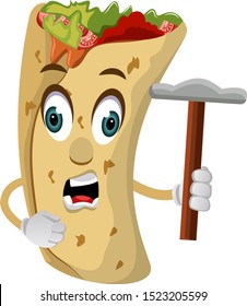 Burrito con martillo, ilustración, vector sobre fondo blanco.