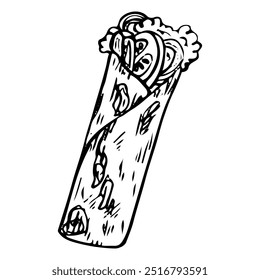 Burrito hand drawn doodle. Tortilla roll with meat and vegetables. Rolled wheat tortilla with filling. Ground beef, lettuce, tomatoes. Snack fast food to go. Vector sketch line art illustration.