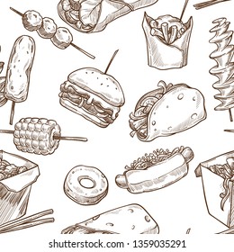 Burrito and hot dog with corn on stick seamless pattern vector monochrome sketch outline of food and traditional junk meal bun and tasty hamburger with beef meet fried potatoes French fries eatery.