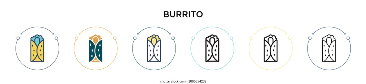 Burrito icon in filled, thin line, outline and stroke style. Vector illustration of two colored and black burrito vector icons designs can be used for mobile, ui, web