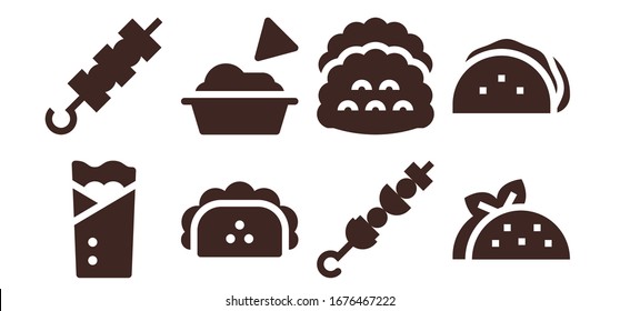 burrito icon set. 8 filled burrito icons. Included Kebab, Brochette, Taco, Guacamole, Tacos icons