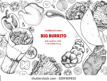 Burrito and ingredients for burrito sketch. Mexican food vector illustration.  Food menu engraved elements.