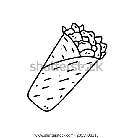 Burrito isolated on white background. Traditional mexican fast food, street food snack. Vector hand-drawn illustration in doodle style. Perfect for various designs, cards, logo, menu.
