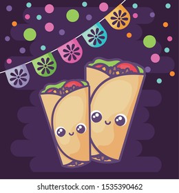 burrito kawaii, typical Mexican food vector illustration design