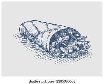 Burrito kebab fast food shawarma sketch obsolete blue style vector illustration. Old hand drawn azure engraving imitation.