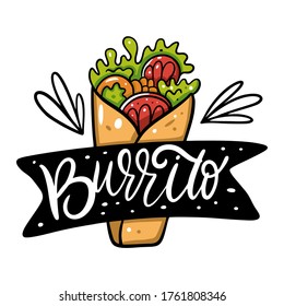 Fragmento con letras de burrito e ilustración vectorial colorida. La comida mexicana. Aislado sobre fondo blanco. Diseño de afiches, banners, impresos y web.