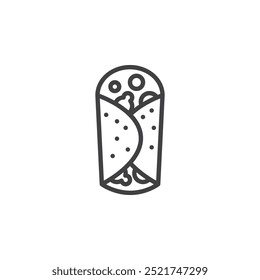 Ícone da linha Burrito. Sinal de estilo linear para conceito móvel e design da Web. Burrito com preenchimentos ícone de vetor contorno. Símbolo de comida de rua mexicana, ilustração do logotipo. Gráficos vetoriais