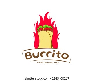 Burrito loco cartoon with flame fire. Mexican Latin American traditional street food. Flat cartoon illustration. Food logo concept design. Isolated white background 