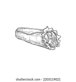 Burrito con carne, bocadillo monocromo de comida rápida aislado de ensalada. Kebab polaco vectorial, tortilla de jalapeno rellena de tex-mex. Rollo de pan con pollo o carne, tomates y ensalada, comida para llevar