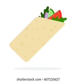 Burrito with meat and vegetables flat material design isolated on white