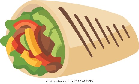 burrito com carne e legumes ilustração plana isolada