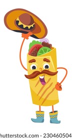 Burrito with meat and vegetables, isolated funny wrap character with moustache and western hat. Wild west personage, traditional mexican dishes and ingredients for lunch. Vector in flat style