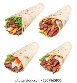 Menú de burrito gráfico vectorial 3D realista para los negocios con deliciosos trozos de carne mezclados con salsa de bechamel

