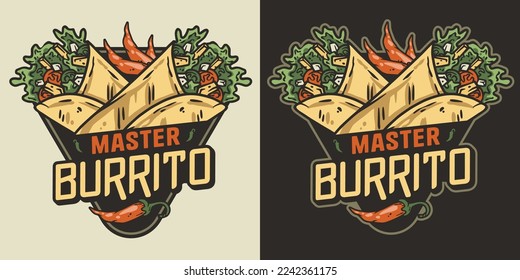 Burrito mexican food with meat and vegetable for logo or emblem. Traditional burritos latin fast food with tortilla, leaves lettuce, cheese, tomato, forcemeat, sauce.