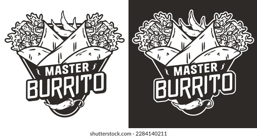 Burrito mexican food with meat and vegetable for logo or emblem. Traditional burritos latin fast food with tortilla, leaves lettuce, cheese, tomato, forcemeat, sauce.