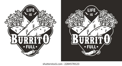 Burrito mexican food with meat and vegetable for logo or emblem. Traditional burritos latin fast food with tortilla, leaves lettuce, cheese, tomato, forcemeat, sauce.
