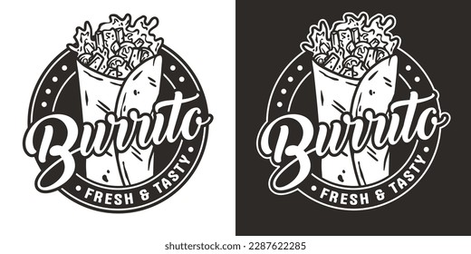 Burrito mexican food with meat and vegetable for logo or emblem. Traditional burritos latin fast food with tortilla, leaves lettuce, cheese, tomato, forcemeat, sauce.