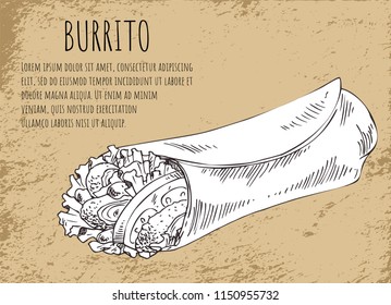 Burrito Mexican food poster with text sample. Meat and vegetables monochrome sketch outline draft of wrapped ingredients takeaway dish icon vector