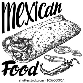 Burrito mexican food. Vector sketch style illustration isolated on white background.