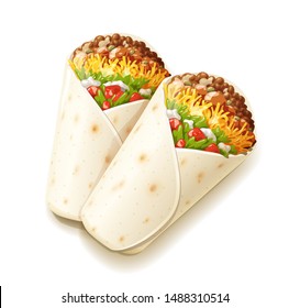 Burrito. Mexican National Traditional Food. Burritos with Cheese, Tomato, Stuffing, Tortilla. Isolated on White Background. Corn wrap, salad leaves, tomatoes, cheese and chicken. Vector illustration.