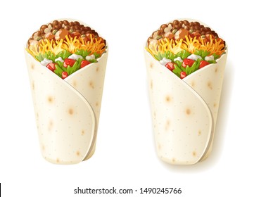 Burrito. Mexican National Traditional Food. Burritos with Cheese, Tomato, Stuffing, Tortilla. Isolated on White Background. Corn wrap, salad leaves, tomatoes, cheese and chicken. Vector illustration.