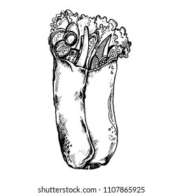 Burrito. Mexican traditional food vector hand drawn illustration, menu label, banner poster identity, branding. Stylish design with sketch of Mexican cuisine sketch. Burrito Isolated on white.