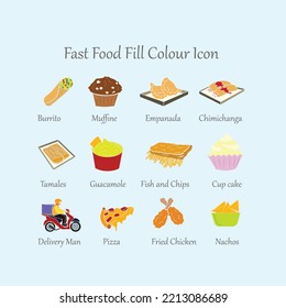 Burrito, Muffin, Empanada, Chimichanga, Tamales, Guacamole, fish and Chips, Cup cake, Delivery Man, Pizza, Fried Chicken, Nachos Fast food Fill Color isolated icon and set svg