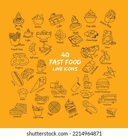 Burrito, Muffin, Empanada, Chimichanga, Tamales, Guacamole, And Other Items Are Included In The Fast Food Line Art Icon Set